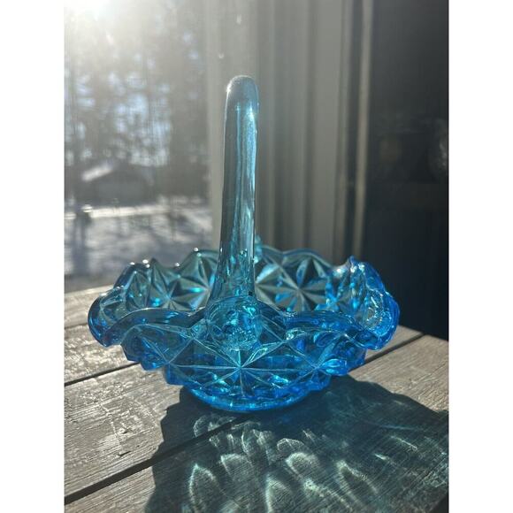 EUC Vintage Indiana Glass Monticello Aqua Blue Basket Handle 7" Easter Gift Art - Picture 2 of 12